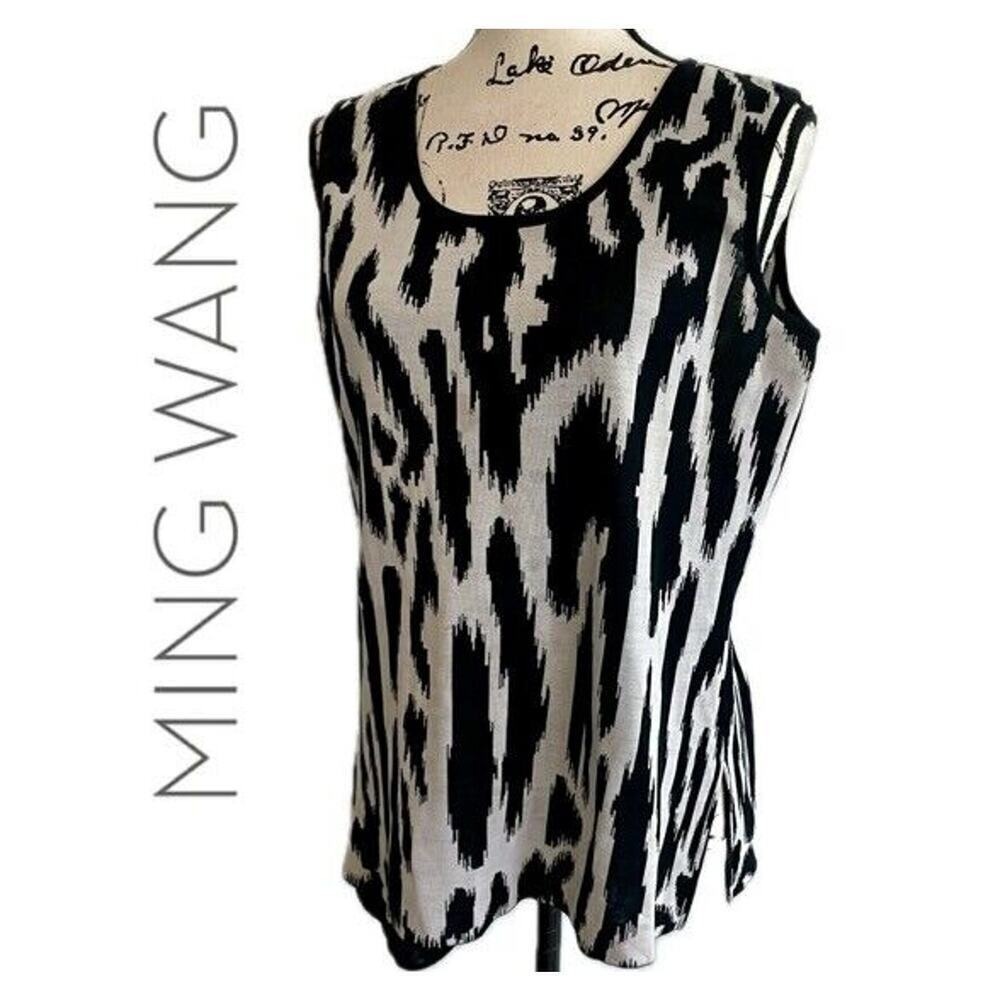 Ming Wang Black White Abstract Ikat Knit Tank Top Sleeveless‎ Shell Medium
